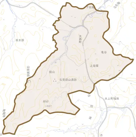 大森町とその周辺の地図。町の範囲を重ねている