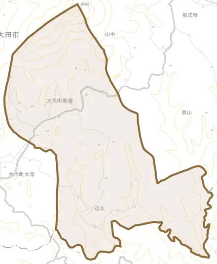 大代町新屋とその周辺の地図。町の範囲を重ねている