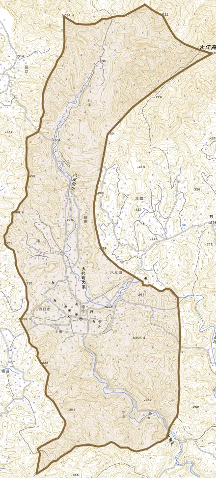 大代町大家とその周辺の地図。町の範囲を重ねている