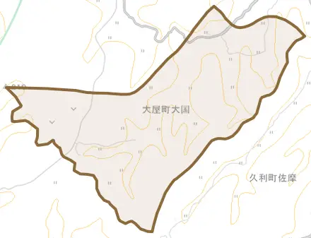 大屋町大国とその周辺の地図。町の範囲を重ねている