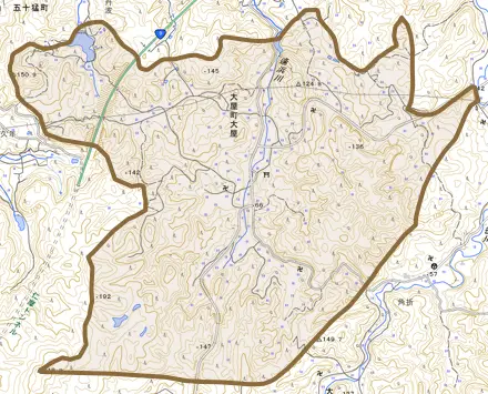 大屋町大屋とその周辺の地図。町の範囲を重ねている