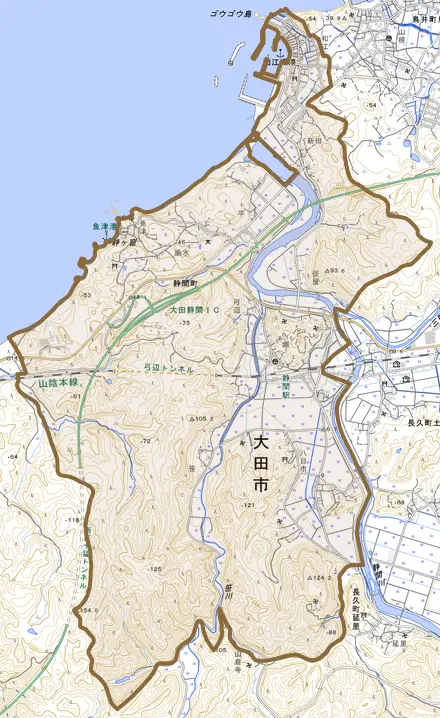 静間町とその周辺の地図。町の範囲を重ねている