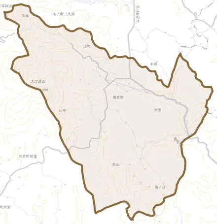 祖式町とその周辺の地図。町の範囲を重ねている
