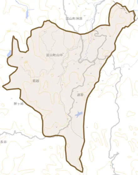 富山町山中とその周辺の地図。町の範囲を重ねている