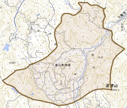 富山町神原とその周辺の地図。町の範囲を重ねている