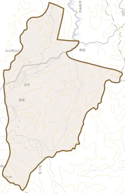 山口町山口とその周辺の地図。町の範囲を重ねている