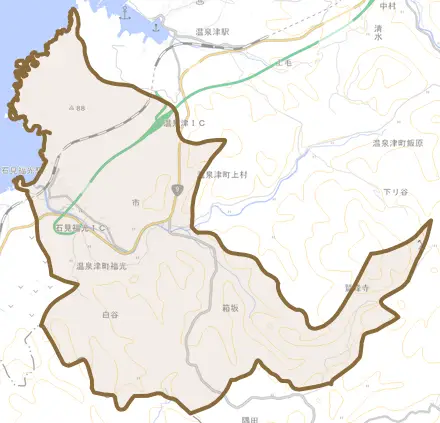 温泉津町福光とその周辺の地図。町の範囲を重ねている
