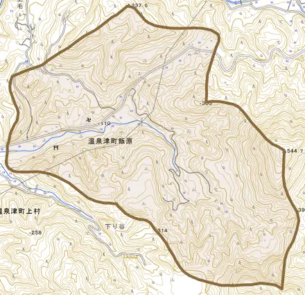 温泉津町飯原とその周辺の地図。町の範囲を重ねている