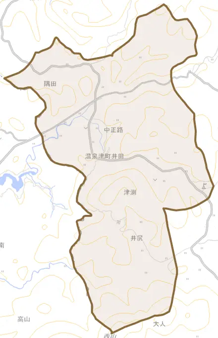 温泉津町井田とその周辺の地図。町の範囲を重ねている