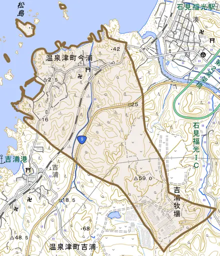 温泉津町今浦とその周辺の地図。町の範囲を重ねている