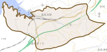 温泉津町小浜とその周辺の地図。町の範囲を重ねている
