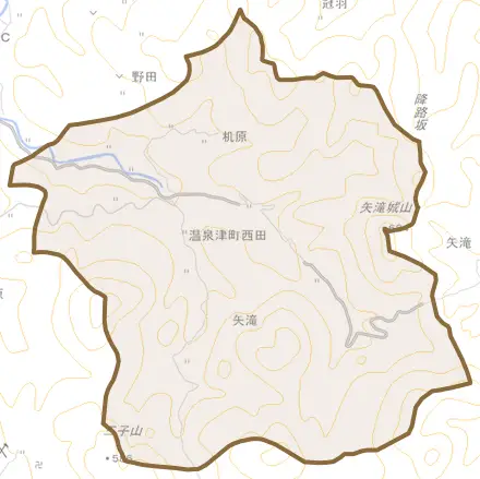 温泉津町西田とその周辺の地図。町の範囲を重ねている