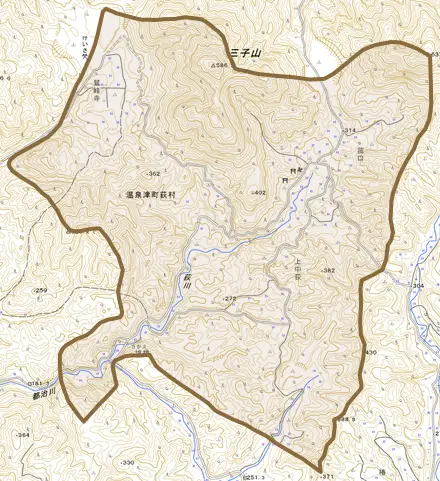 温泉津町荻村とその周辺の地図。町の範囲を重ねている