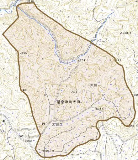 温泉津町太田とその周辺の地図。町の範囲を重ねている