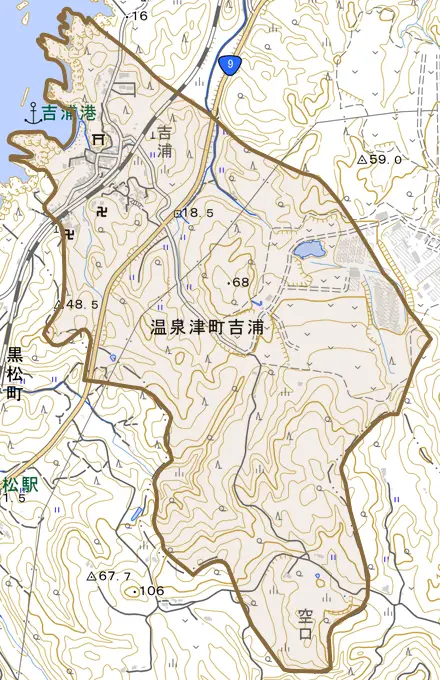 温泉津町吉浦とその周辺の地図。町の範囲を重ねている