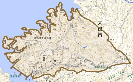 温泉津町温泉津とその周辺の地図。町の範囲を重ねている