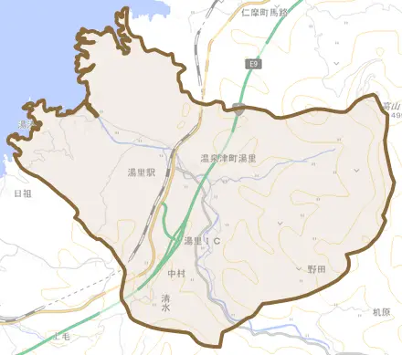 温泉津町湯里とその周辺の地図。町の範囲を重ねている