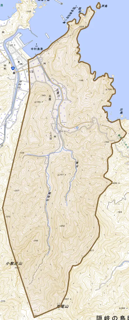 元屋とその周辺の地図。町の範囲を重ねている