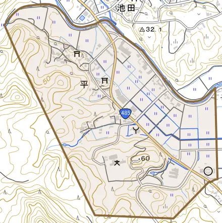 平とその周辺の地図。町の範囲を重ねている