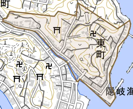 東町とその周辺の地図。町の範囲を重ねている