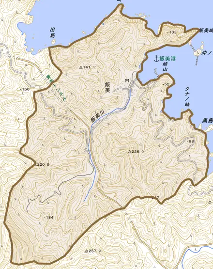 飯美とその周辺の地図。町の範囲を重ねている
