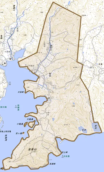 飯田とその周辺の地図。町の範囲を重ねている