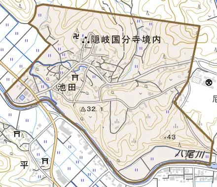 池田とその周辺の地図。町の範囲を重ねている