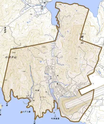 今津とその周辺の地図。町の範囲を重ねている