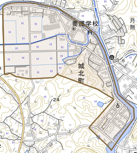 城北町とその周辺の地図。町の範囲を重ねている