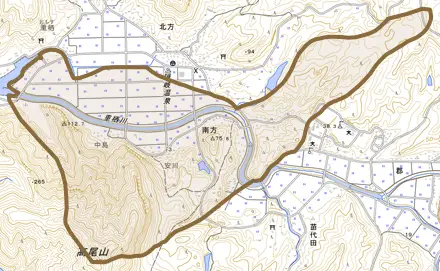 南方とその周辺の地図。町の範囲を重ねている