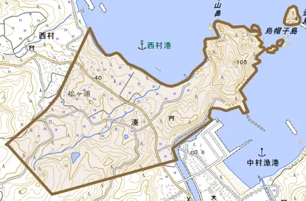 湊とその周辺の地図。町の範囲を重ねている