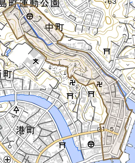 中町とその周辺の地図。町の範囲を重ねている