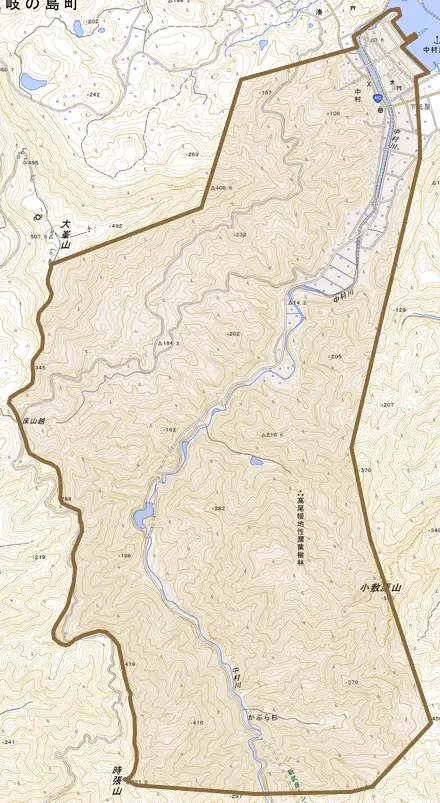 中村とその周辺の地図。町の範囲を重ねている
