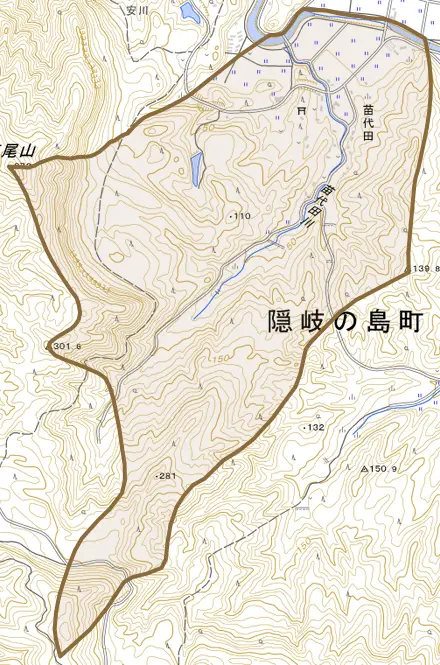 苗代田とその周辺の地図。町の範囲を重ねている