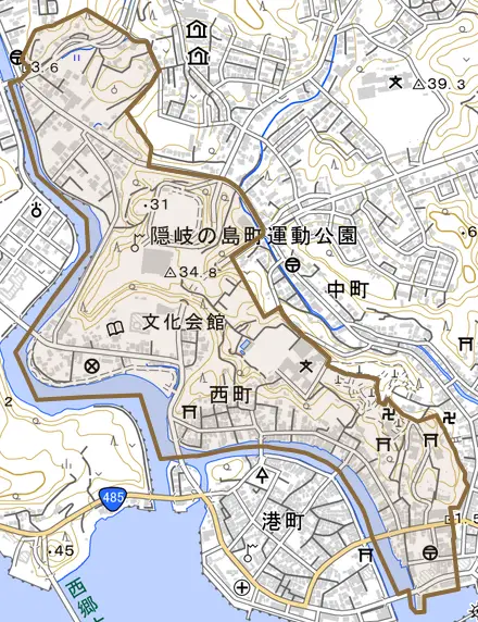 西町とその周辺の地図。町の範囲を重ねている