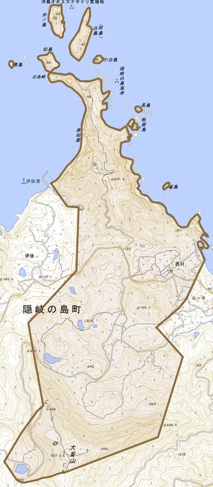 西村とその周辺の地図。町の範囲を重ねている