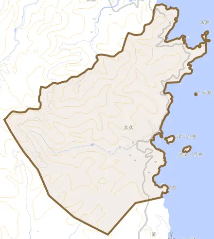 大久とその周辺の地図。町の範囲を重ねている