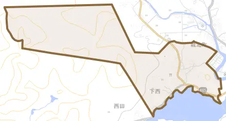 下西とその周辺の地図。町の範囲を重ねている