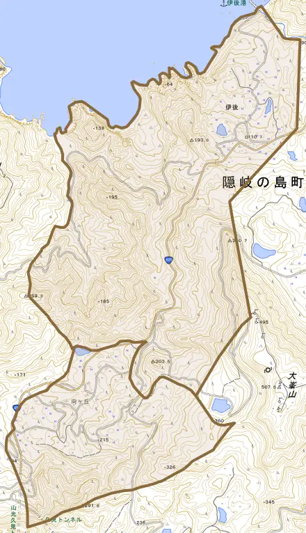 伊後とその周辺の地図。町の範囲を重ねている