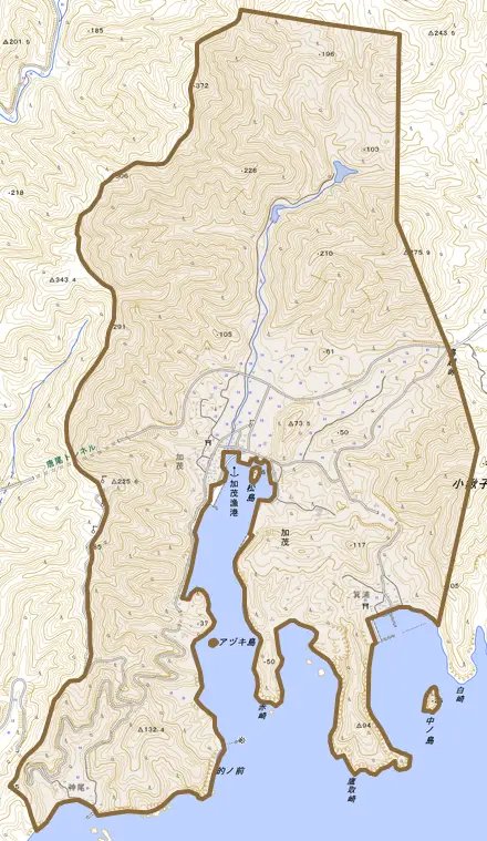 加茂とその周辺の地図。町の範囲を重ねている