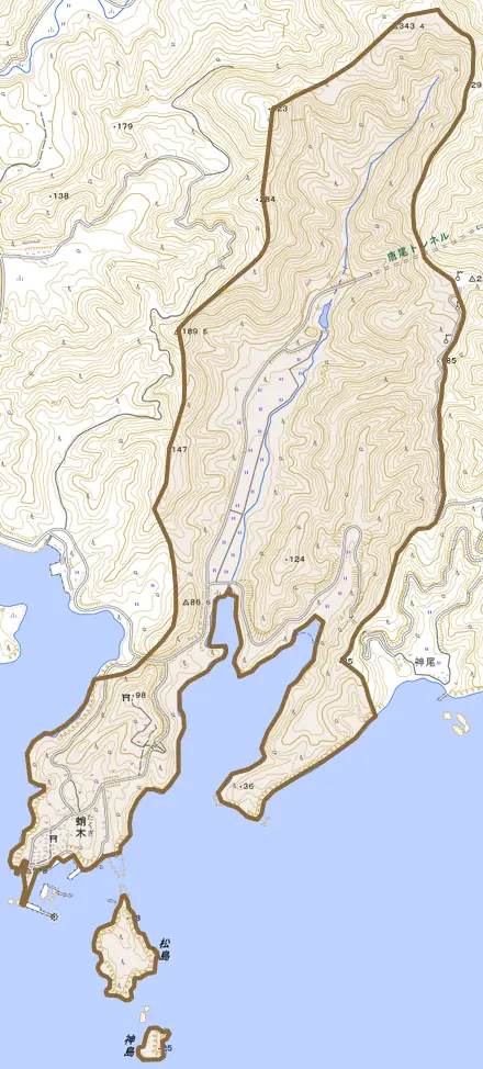 蛸木とその周辺の地図。町の範囲を重ねている