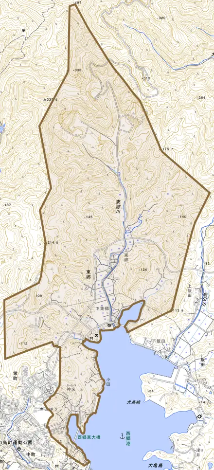 東郷とその周辺の地図。町の範囲を重ねている
