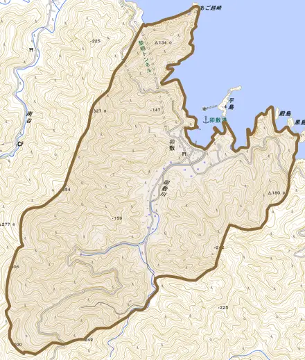 卯敷とその周辺の地図。町の範囲を重ねている