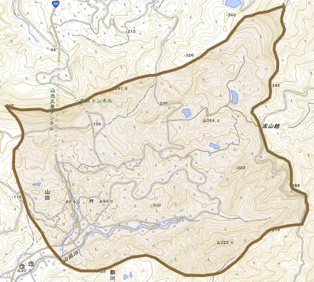 山田とその周辺の地図。町の範囲を重ねている