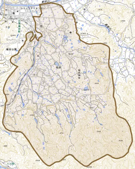 稲原とその周辺の地図。町の範囲を重ねている