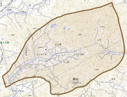 上三所とその周辺の地図。町の範囲を重ねている