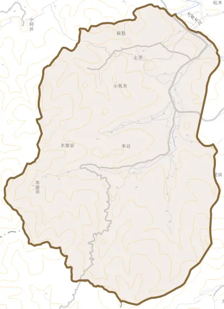 小馬木とその周辺の地図。町の範囲を重ねている