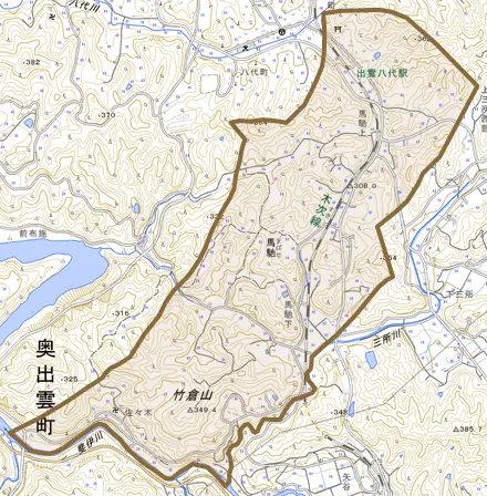 馬馳とその周辺の地図。町の範囲を重ねている