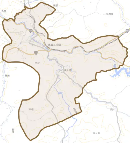 三成とその周辺の地図。町の範囲を重ねている