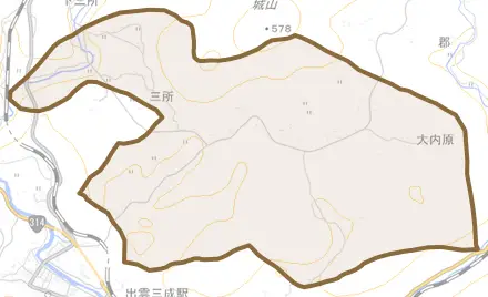 三所とその周辺の地図。町の範囲を重ねている